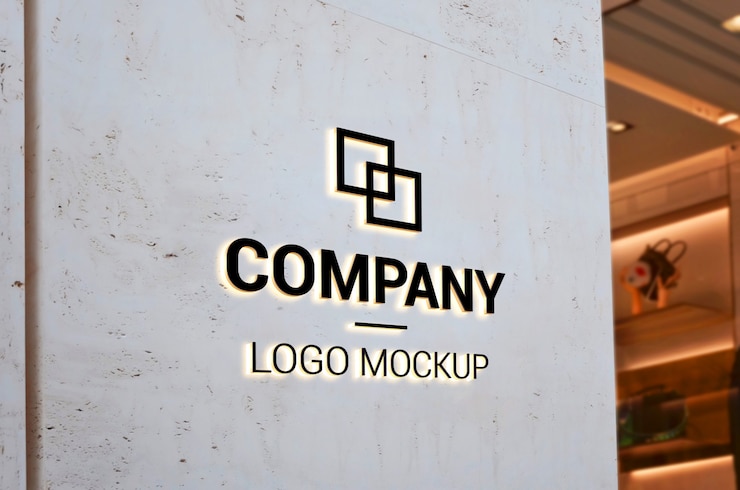 PSD logo-modell auf leerer eingangswand mit licht. branding