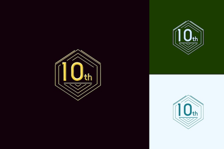 PSD logo moderno con testo 10° emblema logo con cornice esagonale vettoriale collezioni di design astratto