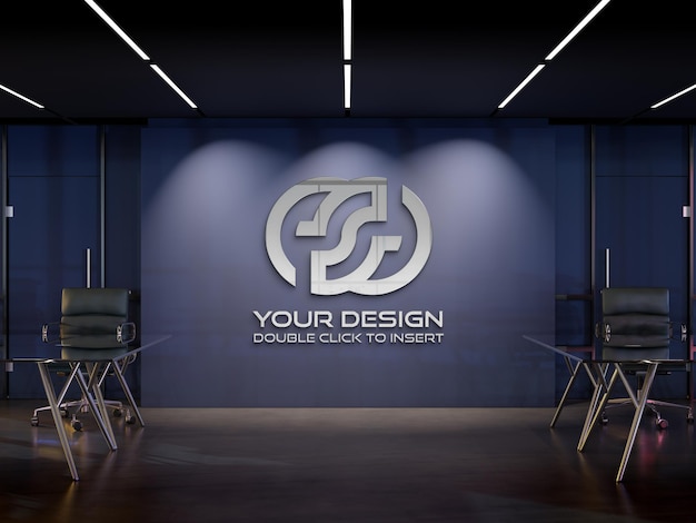 PSD logo sur le mur du bureau la nuit avec effet brillant mockup