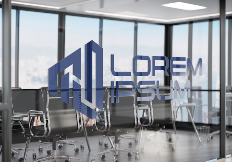 PSD logo on office window mockup