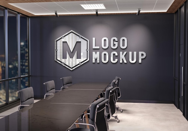 Logo sulla parete dell'ufficio con effetto metallo 3D Mockup