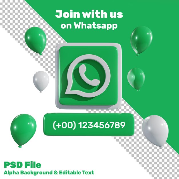 Logo Whatsapp de médias sociaux 3D avec ballon et fond Alpha d'étiquette
