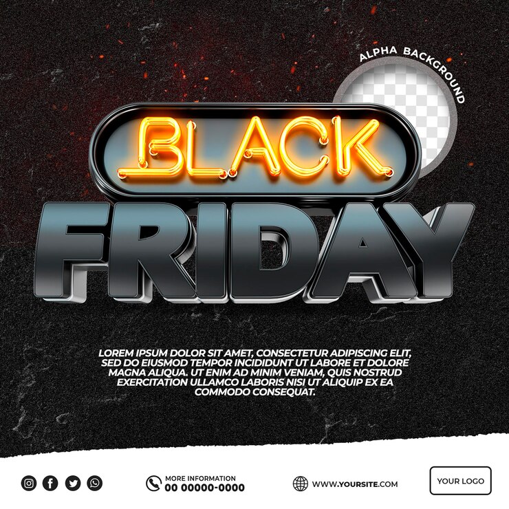 PSD logotipo 3d da black friday com luzes e postagem no instagram em preto e laranja no brasil