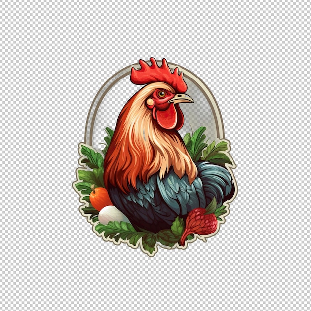 PSD logotipo de adhesivo pollo y verduras aisladas b