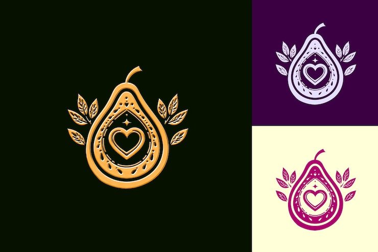 PSD logotipo de aguacate nutritivo con hojas decorativas y un brillante diseño vectorial creativo y minimalista