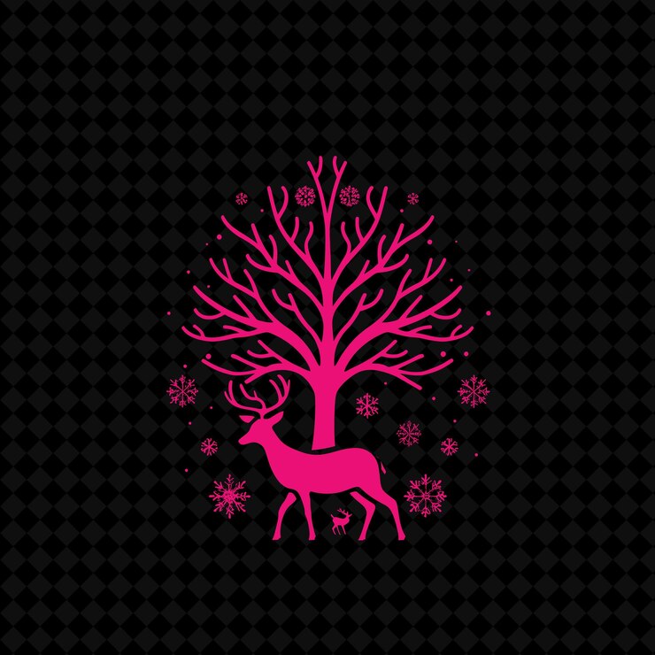 PSD logotipo del árbol de abedul sereno con ciervos decorativos y copos de nieve d diseños vectoriales creativos de plantas