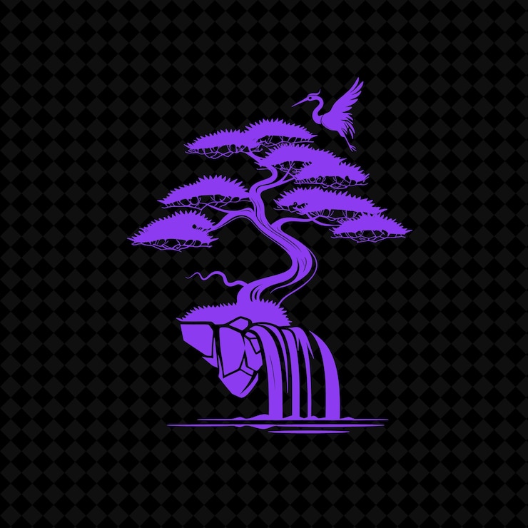 PSD logotipo del árbol de bonsai sereno con grúa decorativa y diseños vectoriales de plantas creativas de cascadas