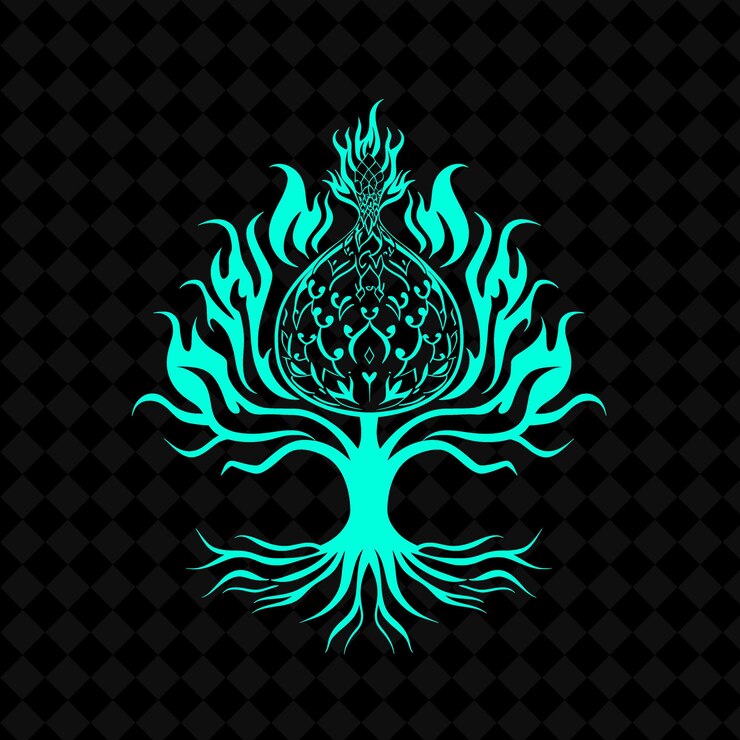 PSD logotipo de árbol de frutas de dragón exótico con llamas decorativas y diseños vectoriales de plantas creativas