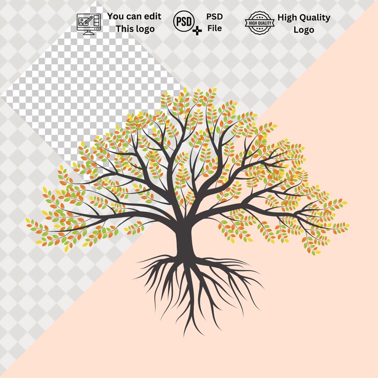 PSD logotipo de árbol moderno y minimalista en fondo transparente
