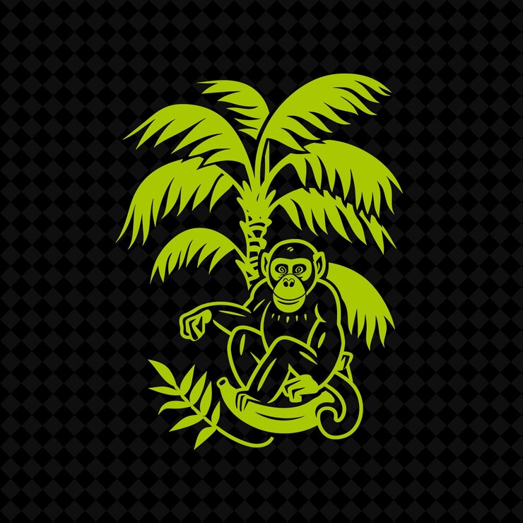 PSD logotipo del árbol de plátano tropical con mono decorativo y diseño vectorial de plantas creativas de palm le