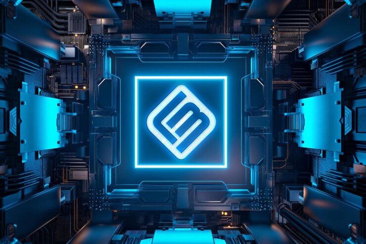 PSD el logotipo azul brillante en la placa base futurista mockup