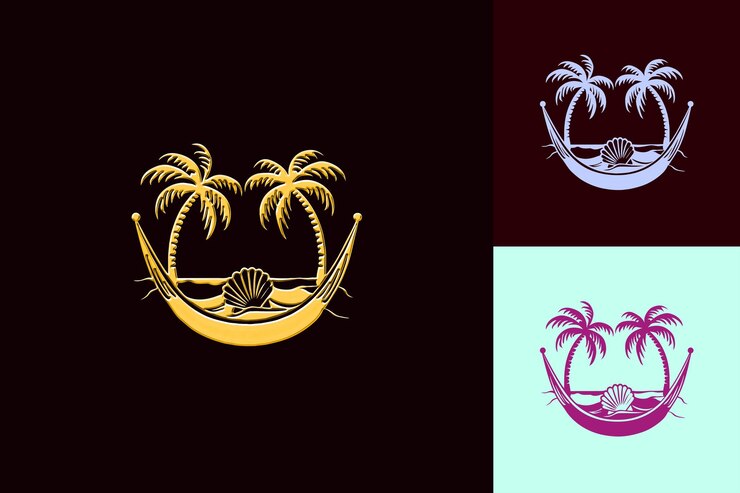 PSD el logotipo de bahama mama con una hamaca y una combinación de conchas marinas m diseños de bebidas inspiradas en los trópicos de png