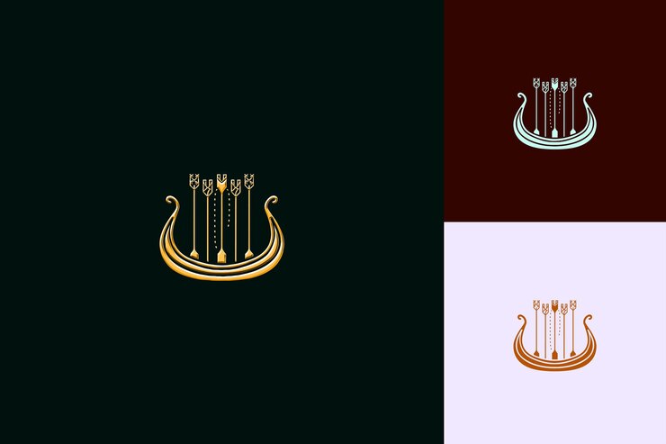 PSD logotipo de barco vikingo con remos y runas para decoración con un m diseños vectoriales abstractos creativos