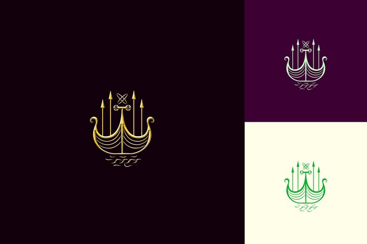 PSD logotipo de barco vikingo con remos y runas para decoración con un m diseños vectoriales abstractos creativos