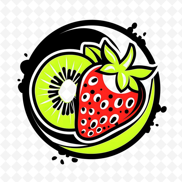 PSD logotipo de batido de fresa de kiwi con kiwi y fresa emble diseños de bebidas inspiradas en png tropicales