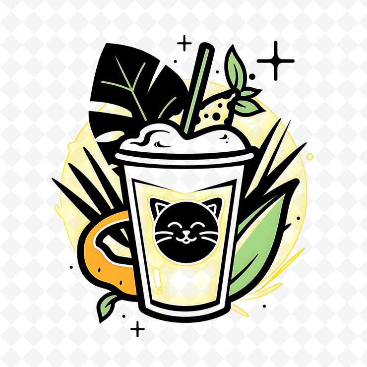 PSD logotipo de batido de papaya con una papaya y un gato de la selva wordmar diseños de bebidas inspiradas en png tropicales