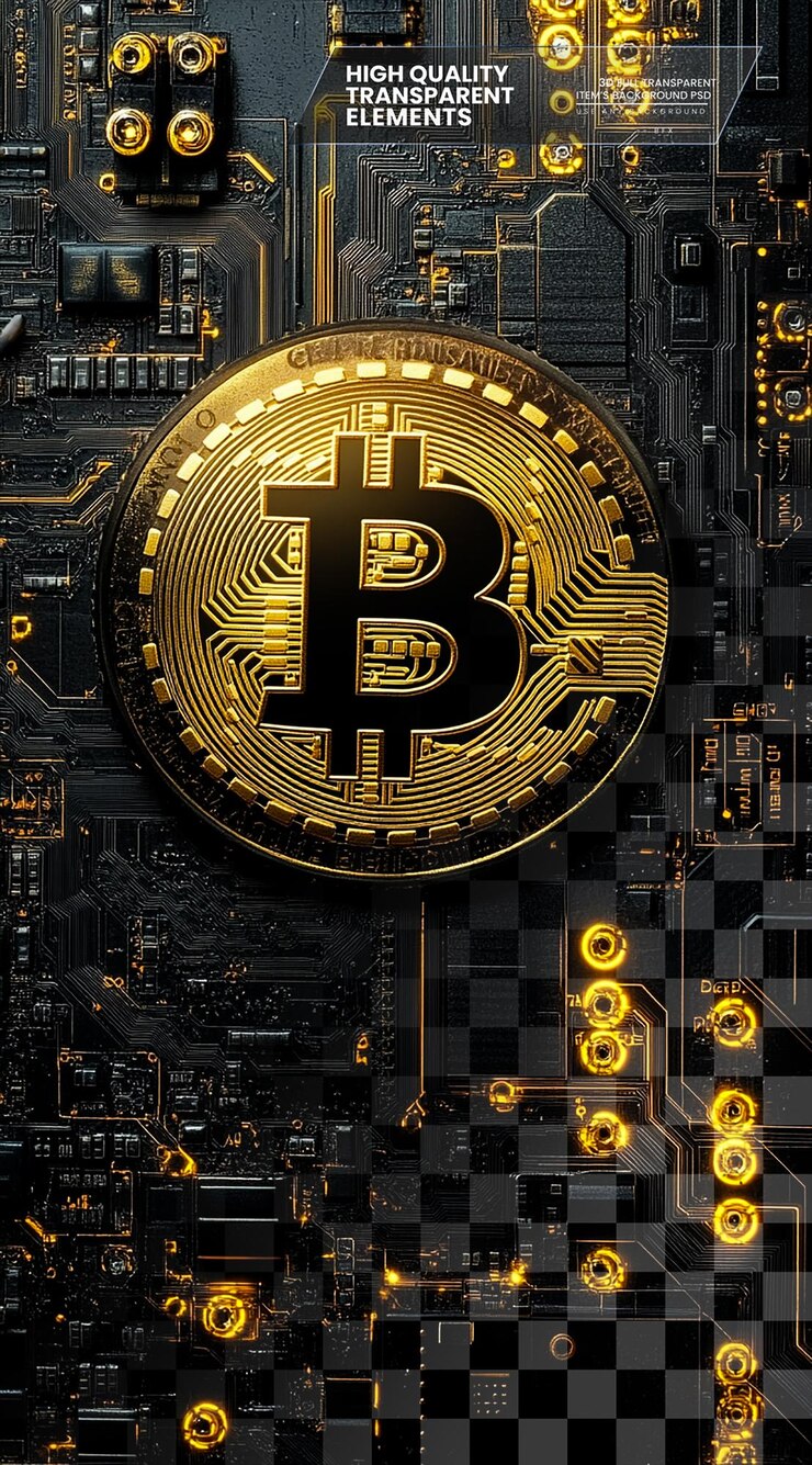 PSD el logotipo de bitcoin negro y dorado en la parte superior de un círculo en un fondo transparente