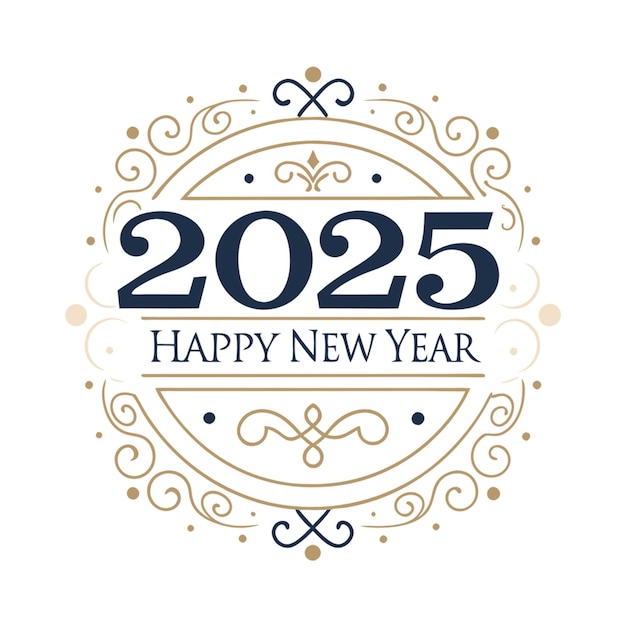 un logotipo blanco con un borde dorado y un diseño dorado con una imagen de un feliz Año Nuevo