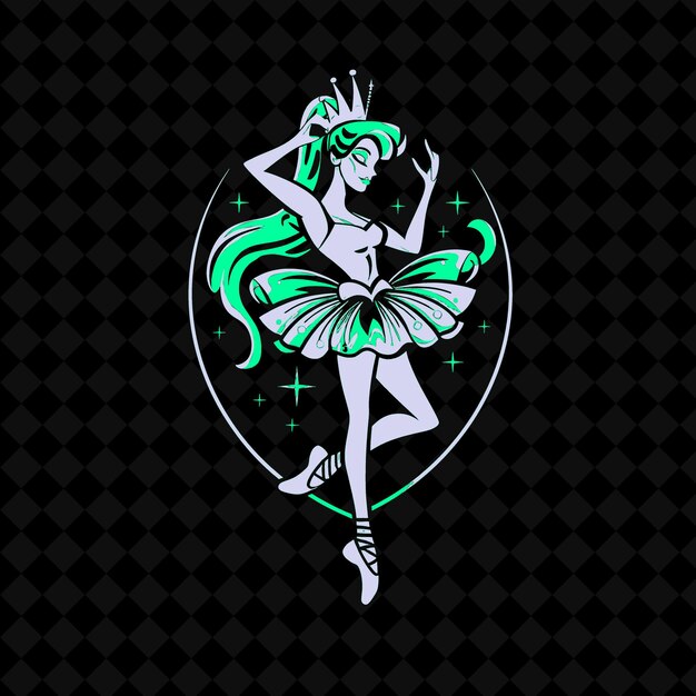 Un logotipo blanco y negro con una bailarina verde sobre un fondo negro