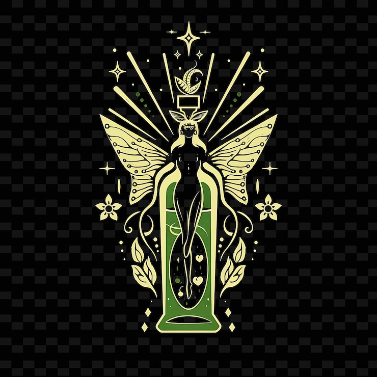PSD logotipo de botella de absento con un hada verde y un art nouveau d diseños de bebidas inspiradas en las zonas tropicales de png