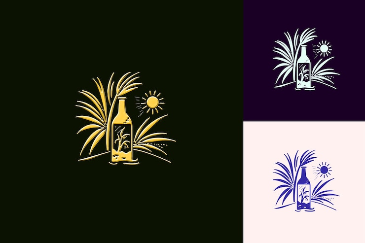 PSD logotipo de la botella cachaa con una planta de caña de azúcar y un sol brasil png diseños de bebidas inspiradas en las zonas tropicales