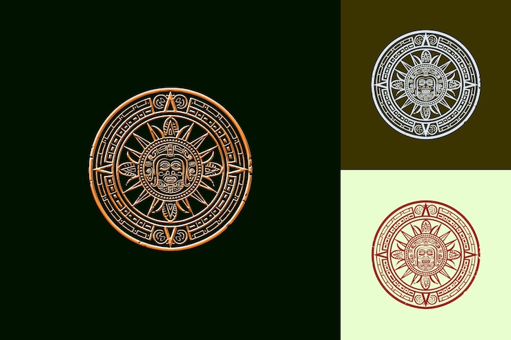 PSD logotipo del calendario azteca rústico con tallas intrincadas y diseños vectoriales abstractos creativos
