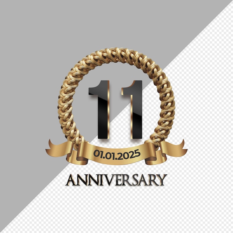 PSD logotipo de celebración del 11o aniversario con número dorado, brillo, color aniversario o tarjeta de cumpleaños