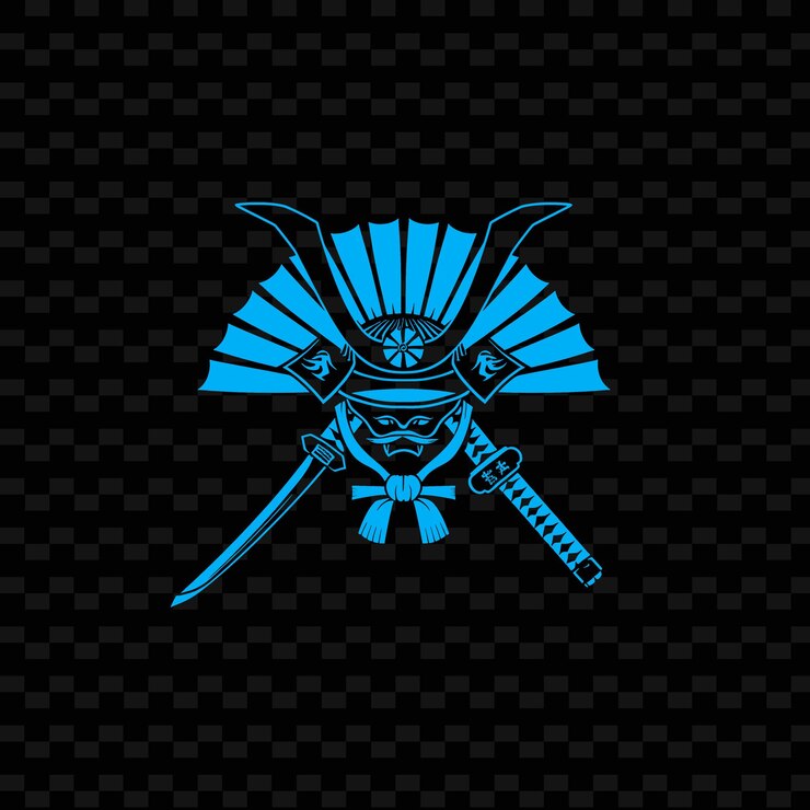 PSD el logotipo del clan samurai mon con katana y abanico para la decoración con diseños vectoriales tribales creativos