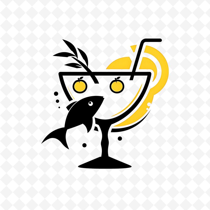 PSD logotipo de cóctel de albaricoque con un albaricoque y un pez de la selva embl png diseños de bebidas inspiradas en los trópicos