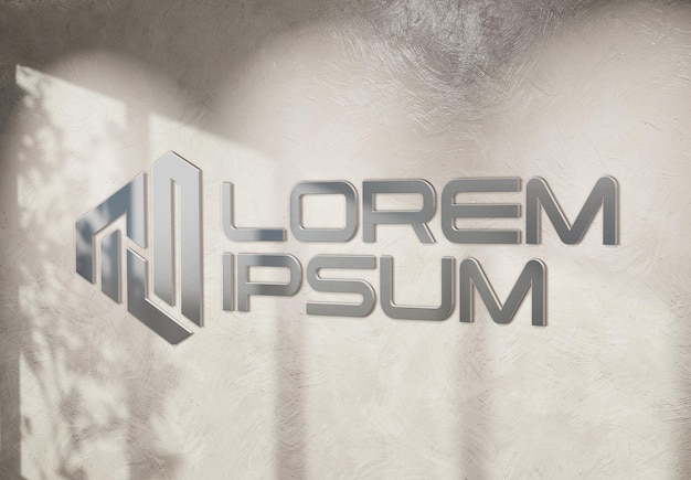 Logotipo com efeito 3D de metal brilhante em maquete de parede iluminada pelo sol