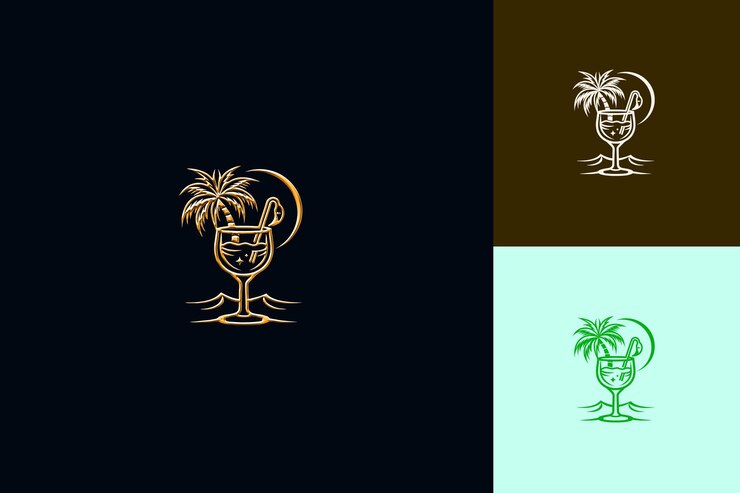 PSD logotipo de copa de cóctel con una palmera y un flamenco diseños de bebidas tropicales inspiradas en png