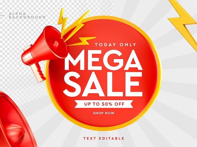 Logotipo da Mega Sale 3D com megafone em renderização 3D