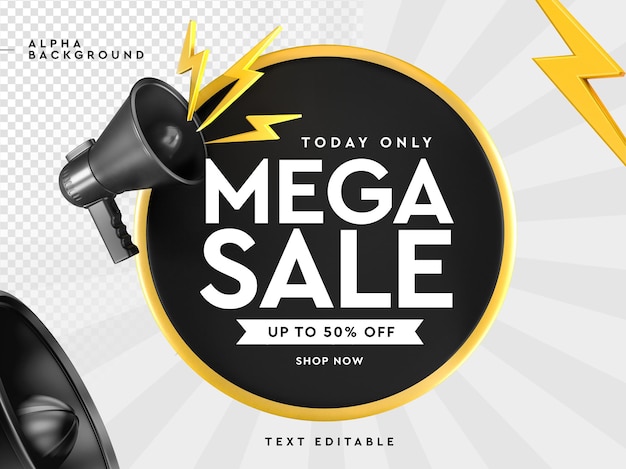 Logotipo da mega sale 3d com megafone em renderização 3d