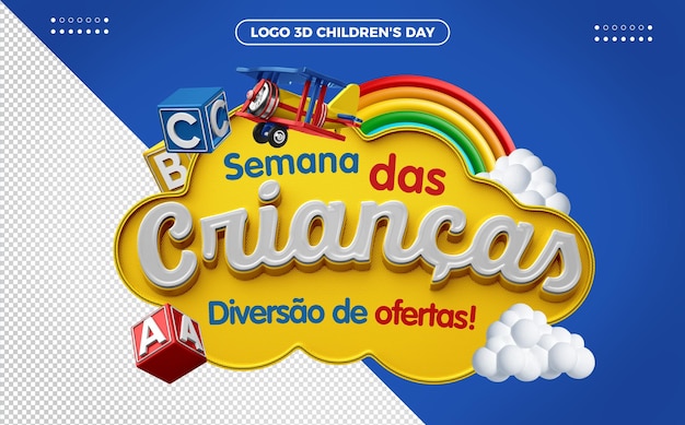 PSD logotipo da semana das crianças 3d realista com ofertas divertidas!