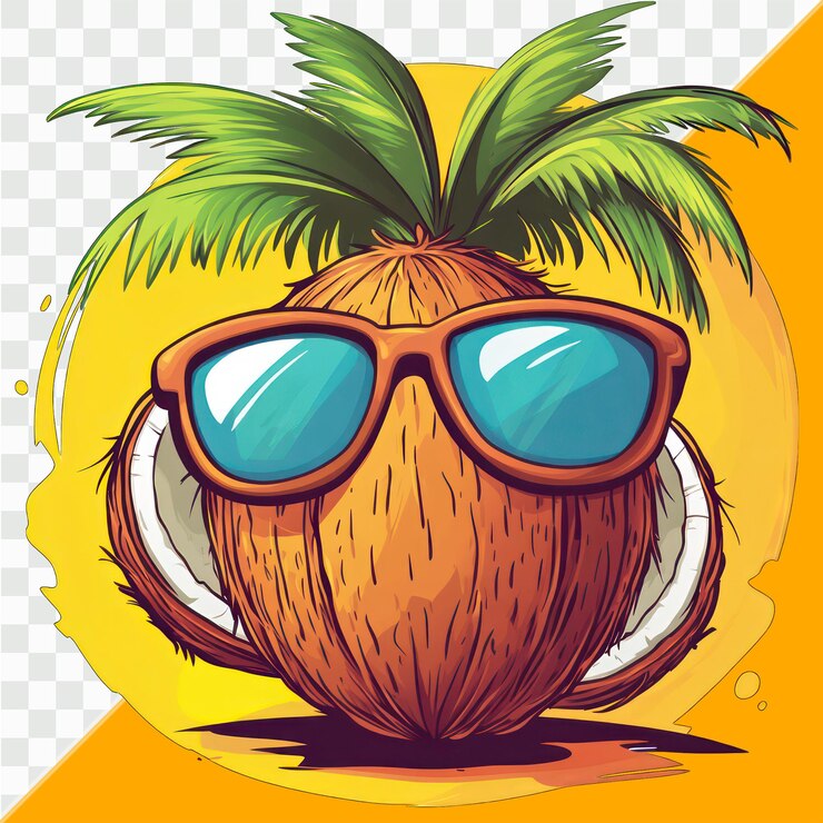 PSD logotipo de desenho animado de coco do caribe engraçado usando óculos de sol na praia vetores cores de árvore vac