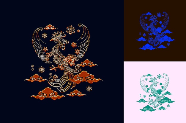 PSD logotipo de fênix chinês gracioso com nuvens e flores para de template design psd vector tshirt art