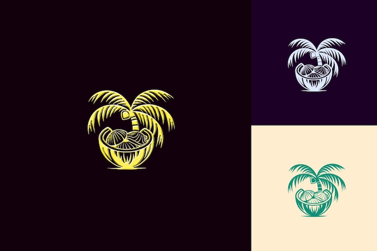 PSD logotipo de ícone de coco doce com folhas de palmeira decorativas e mares designs vetoriais criativos e minimalistas