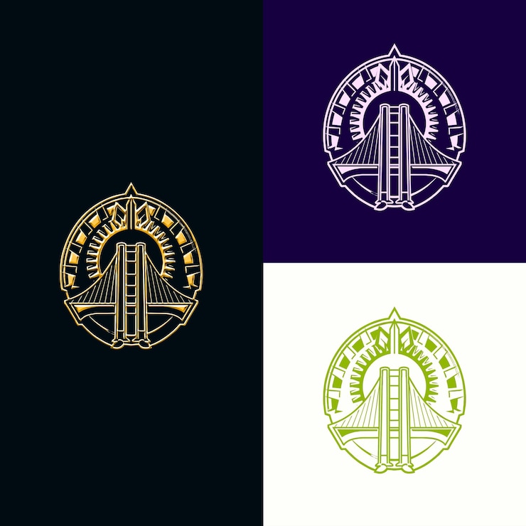PSD logotipo de insígnia de engenharia com engrenagem e ponte para projetos vetoriais criativos e únicos da decora