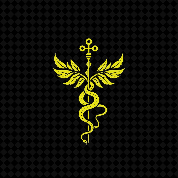 PSD logotipo de ivy caduceus médico com serpentes decorativas e designs criativos de vector de plantas curativas