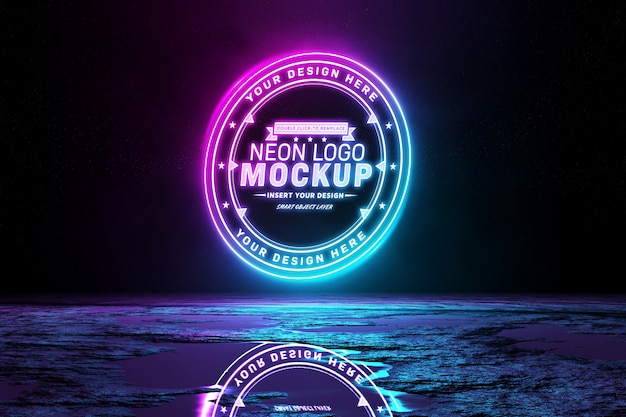 PSD logotipo de luz de néon reflexivo rosa e azul mockup