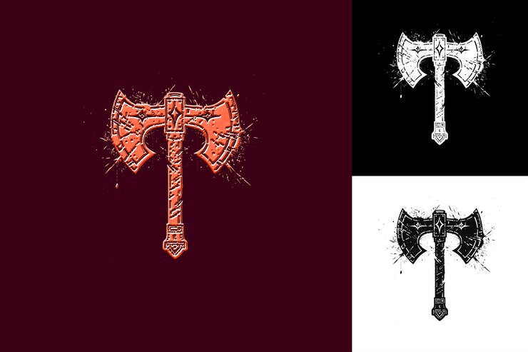 PSD logotipo de machado medieval com decorações de lâmina e alça com uma coleção de design vetorial abstrato g
