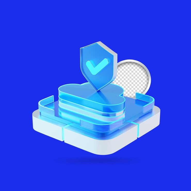 PSD logotipo de marca de verificação de segurança cibernética em cima do ícone 3d de armazenamento em nuvem