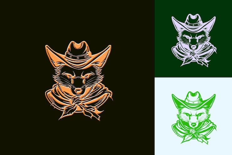 PSD logotipo de mascote de animal coyote com chapéu de cowboy e desenhos vetoriais abstratos bonitos de lasso