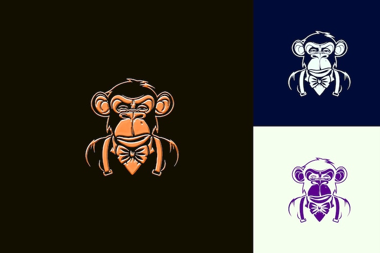 PSD logotipo de mascote de macaco brincalhão com gravata de papagaio e suspensores des des desenhos vetoriais abstratos bonitos