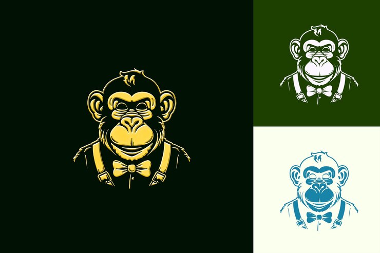 PSD logotipo de mascote de macaco brincalhão com gravata de papagaio e suspensores des des desenhos vetoriais abstratos bonitos