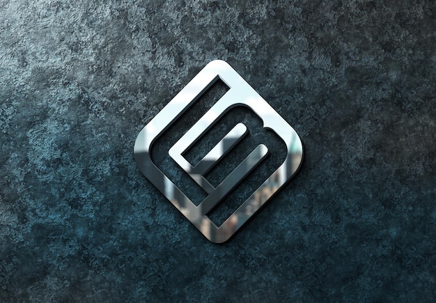 Logotipo de metal com efeito de reflexo roxo 3D na parede do painel Mockup