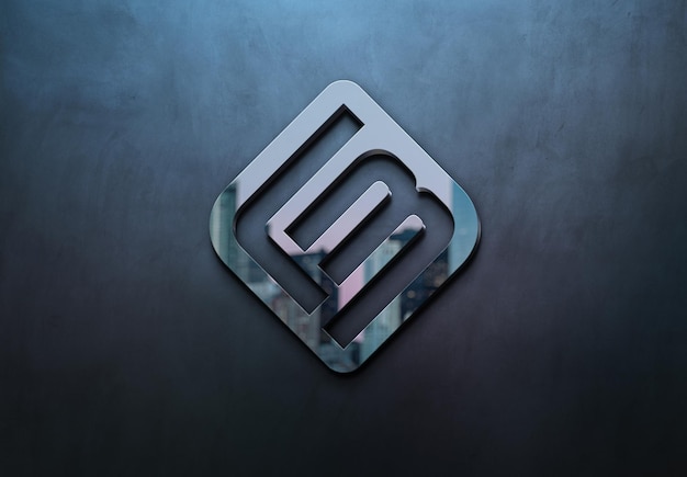 Logotipo de metal com reflexo de efeito 3D em maquete de parede de concreto escuro