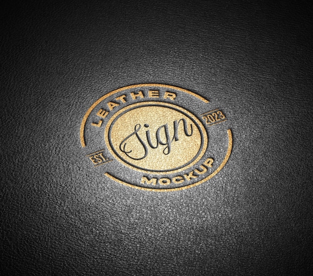Logotipo de metal em maquete de couro