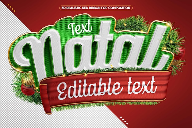 Logotipo de Natal 3D verde e vermelho com texto editável para composição