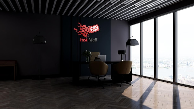 Logotipo de negócio de escritório interior Conceito de maquete em fundo de parede escuro preto Ilustração vetorial